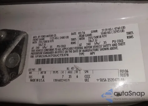 2016 Ford Escape Titanium from USA, damaged, VIN 1FMCU9JX7GUC75378